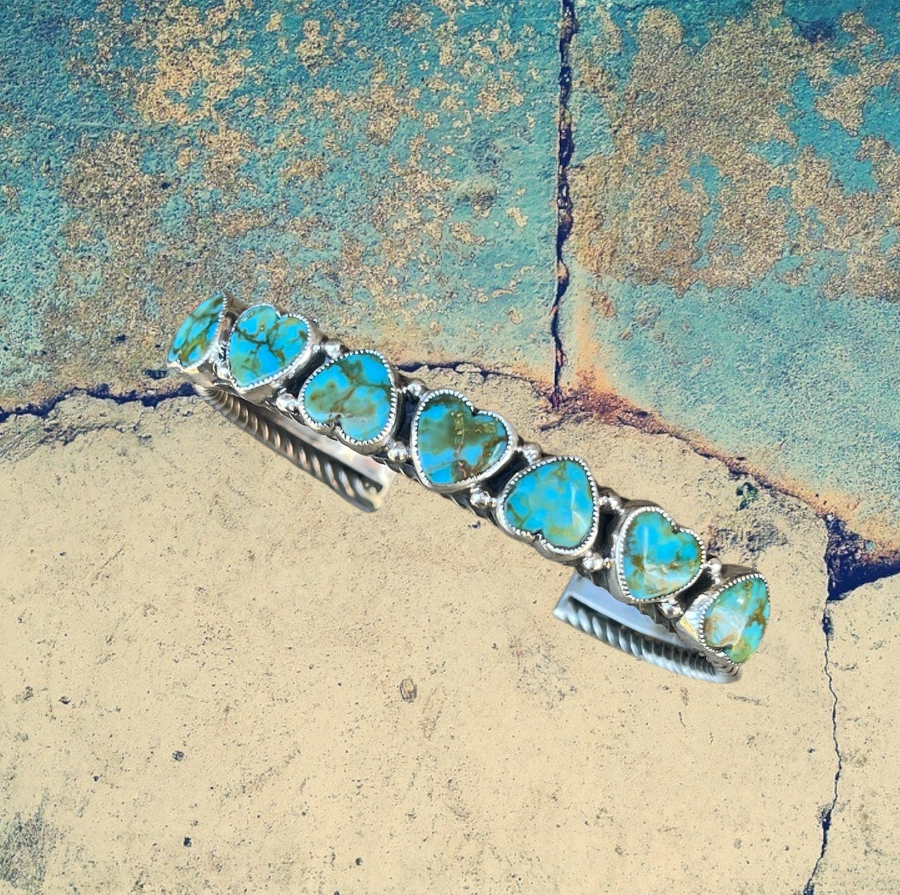 Sterling Silver Kingman Polychrome Turquoise Heart Row Bracelet